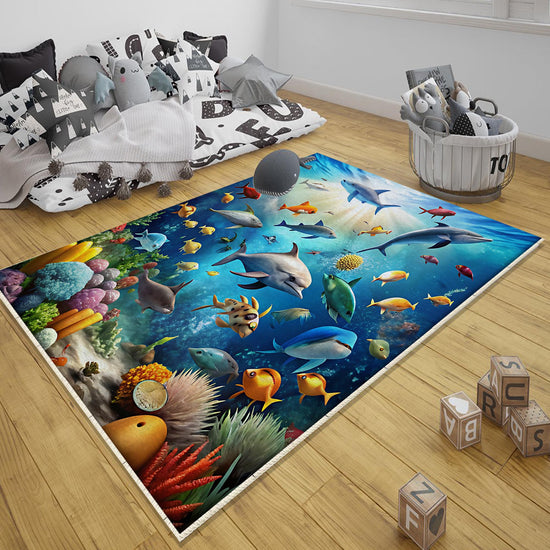 Round Under Sea Fishes Aquarium Nursery Room Rug, Cute Rug Gift For Kids, Baby Room Gift, Kids Room Decor with pillow case gift
