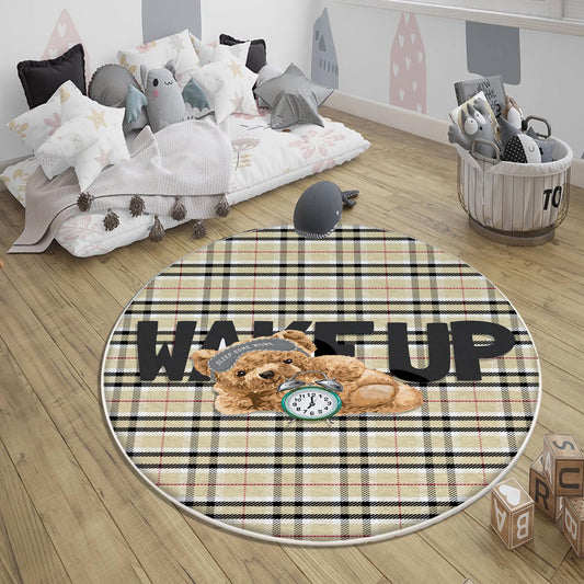 Round Wake up Cute Sleepy Bear Nursery Room Rug, Cute Rug Gift For Kids, Baby Room Gift, Kids Room Decor with pillow case gift