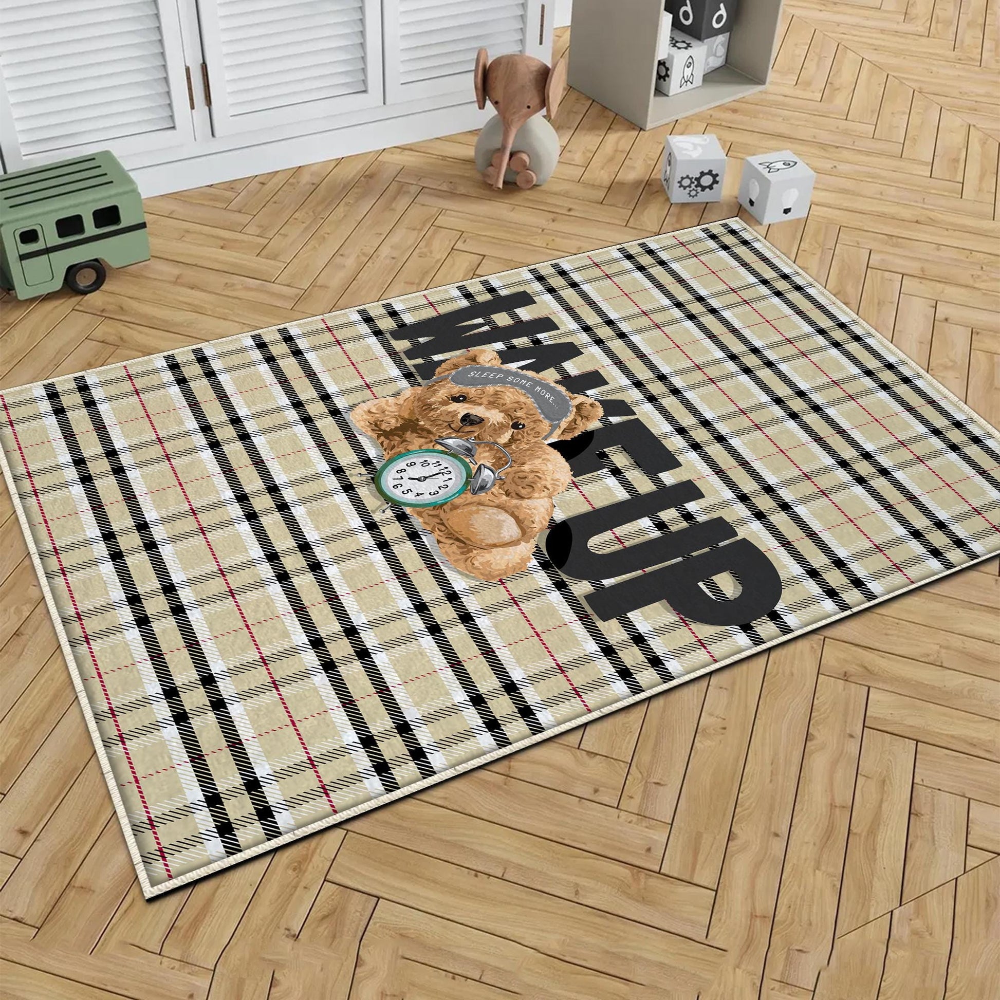 Round Wake up Cute Sleepy Bear Nursery Room Rug, Cute Rug Gift For Kids, Baby Room Gift, Kids Room Decor with pillow case gift