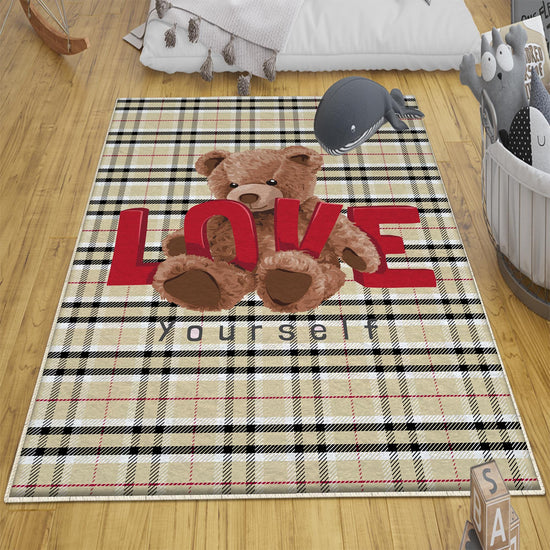 Round Cute Bear Nursery Room Rug, Cute Rug Gift For Kids, Baby Room Gift, Kids Room Decor with pillow case gift