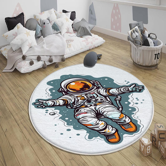 Round Space Themed Astronaut Kids Nursery Room Rug, Cute Rug Gift For Kids, Baby Room Gift, Kids Room Decor with pillow case gift