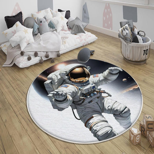 Round Space Themed Astronaut Kids Nursery Room Rug, Cute Rug Gift For Kids, Baby Room Gift, Kids Room Decor with pillow case gift