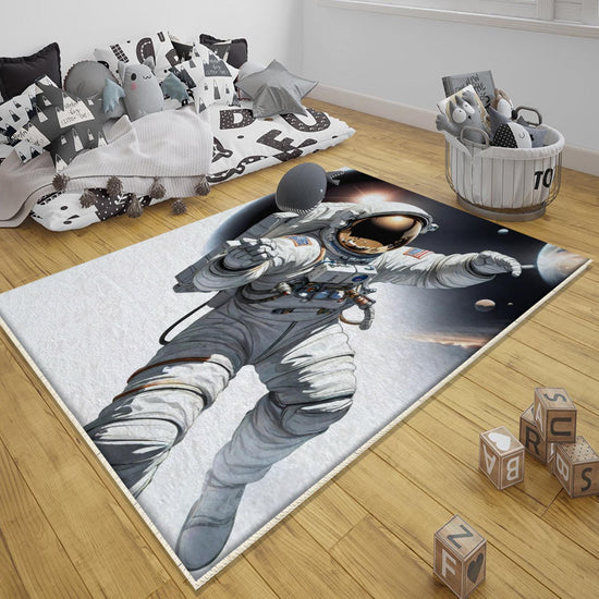 Round Space Themed Astronaut Kids Nursery Room Rug, Cute Rug Gift For Kids, Baby Room Gift, Kids Room Decor with pillow case gift