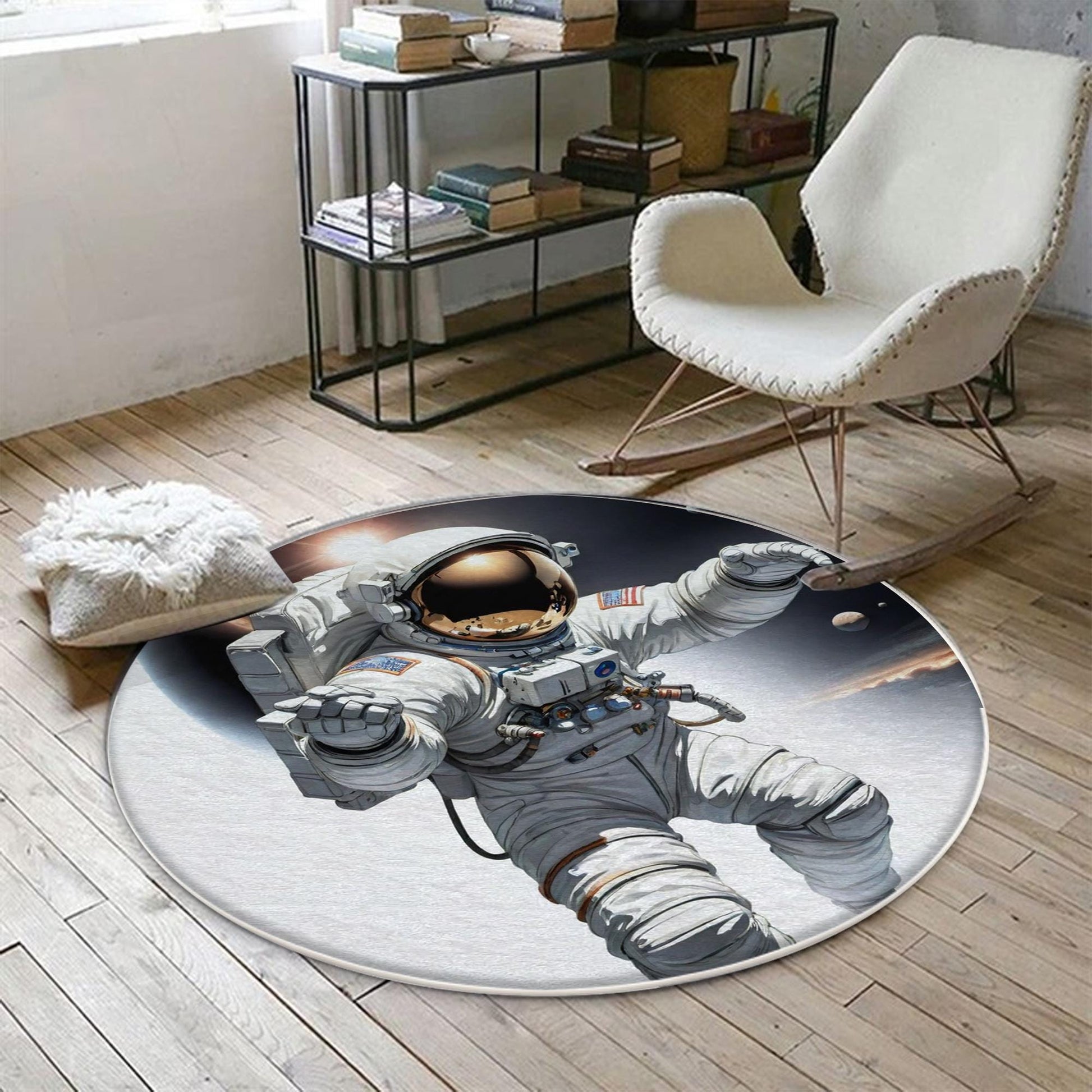 Round Space Themed Astronaut Kids Nursery Room Rug, Cute Rug Gift For Kids, Baby Room Gift, Kids Room Decor with pillow case gift