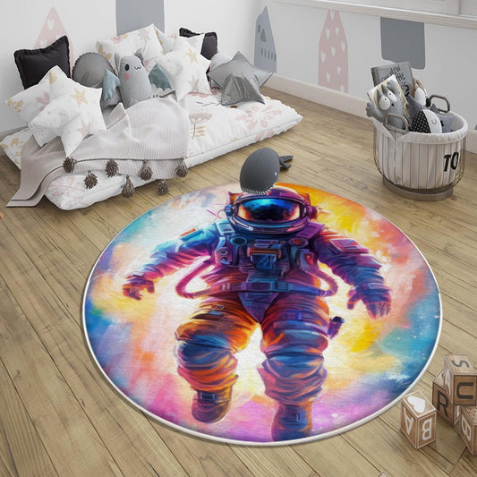 Round Colorful Space Themed Astronaut Kids Nursery Room Rug, Cute Rug Gift For Kids, Baby Room Gift, Kids Room Decor with pillow case gift