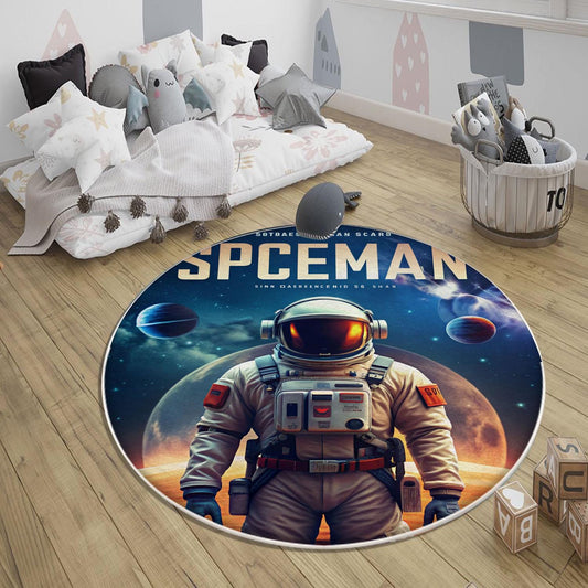 Round Space Man Themed Astronaut Kids Nursery Room Rug, Cute Rug Gift For Kids, Baby Room Gift, Kids Room Decor with pillow case gift