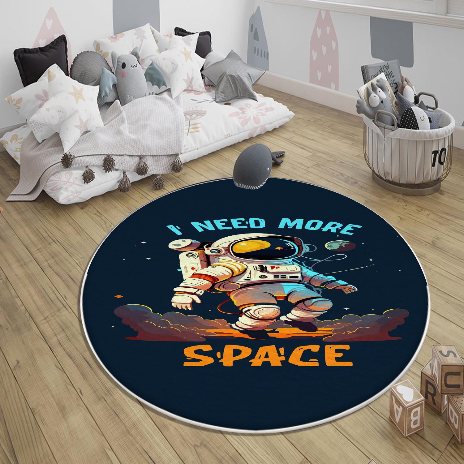 Round Dark Blue Space Themed Astronaut Kids Nursery Room Rug, Cute Rug Gift For Kids, Baby Room Gift, Kids Room Decor with pillow case gift