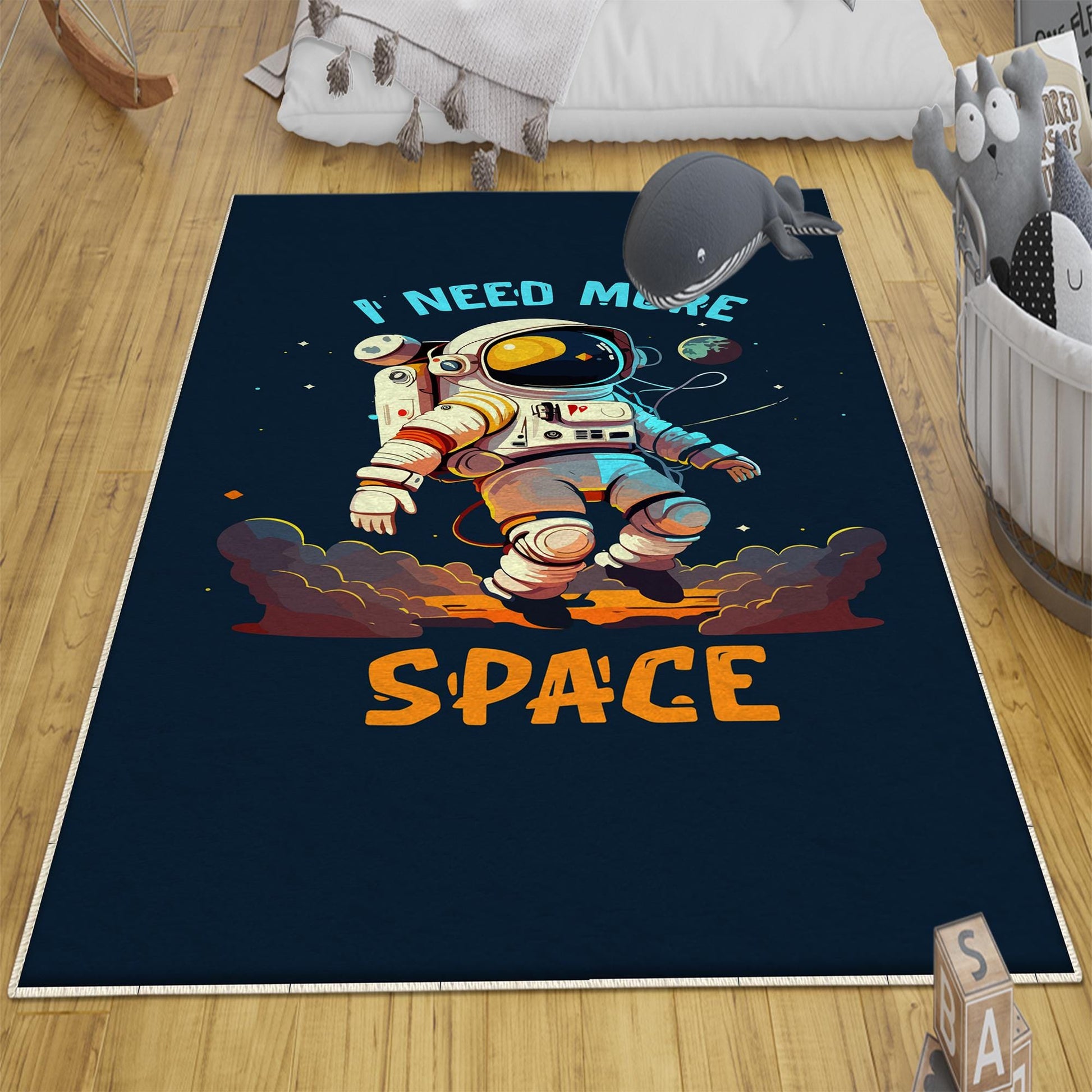 Round Dark Blue Space Themed Astronaut Kids Nursery Room Rug, Cute Rug Gift For Kids, Baby Room Gift, Kids Room Decor with pillow case gift
