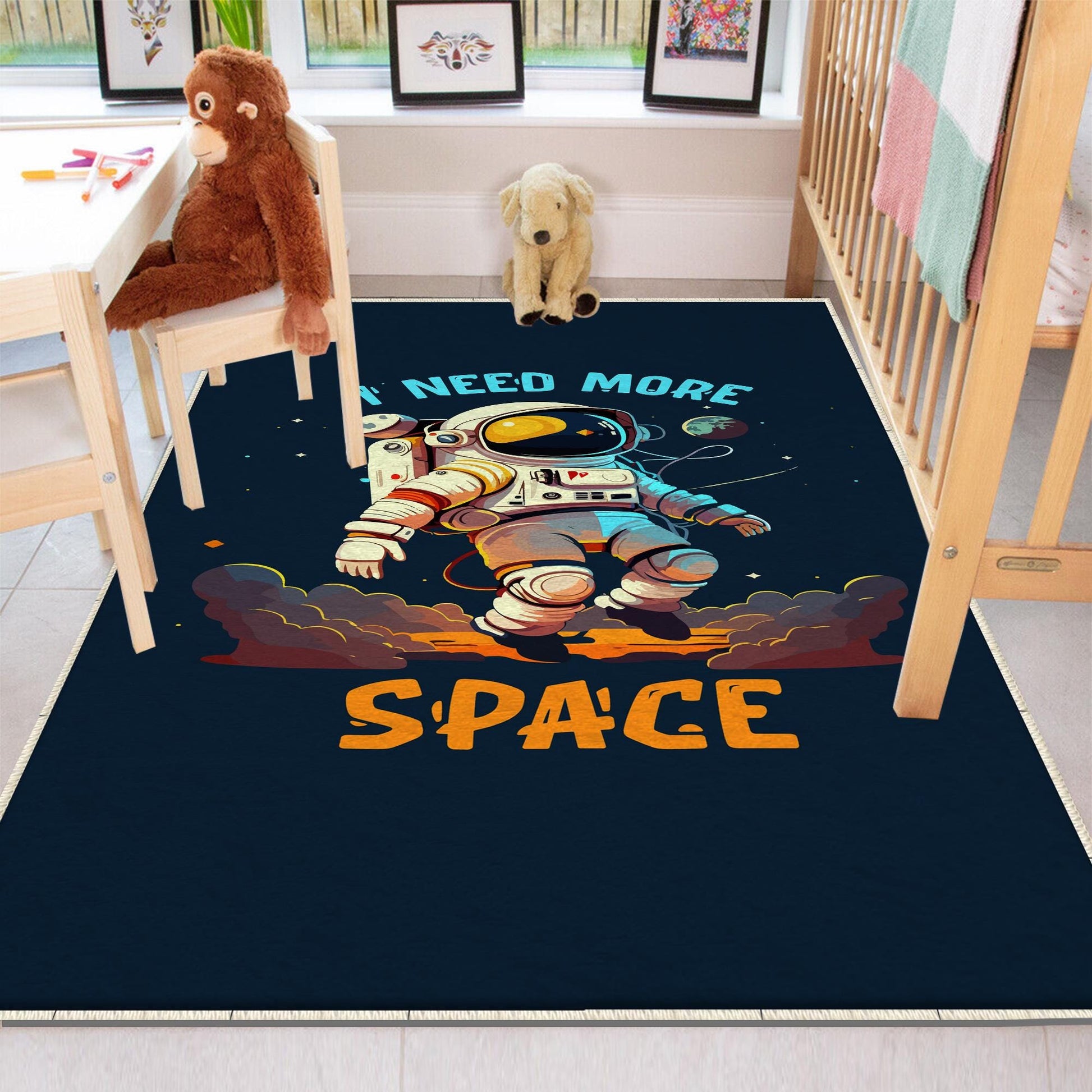 Round Dark Blue Space Themed Astronaut Kids Nursery Room Rug, Cute Rug Gift For Kids, Baby Room Gift, Kids Room Decor with pillow case gift
