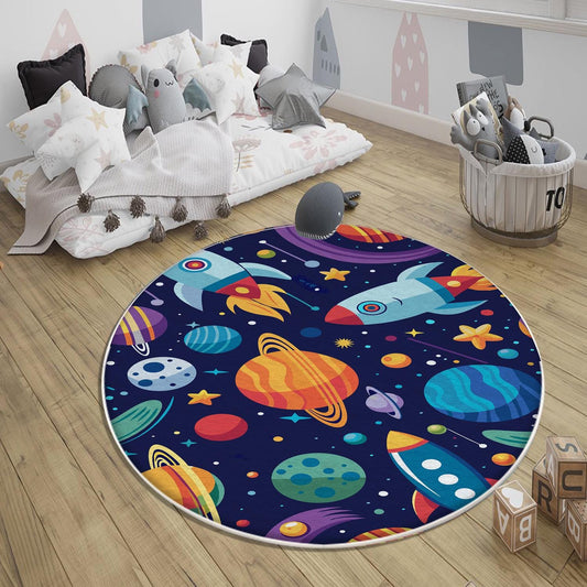 Round Space Planets Kids Nursery Room Rug, Cute Washable Non-Slip Rug Gift For Kids, Baby Room Gift, Kids Room Decor with pillow case gift