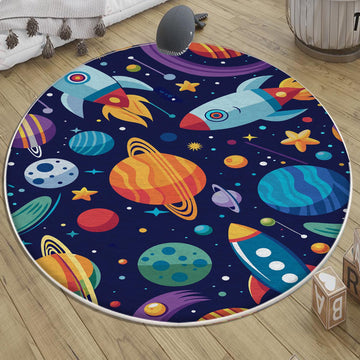 Round Space Planets Kids Nursery Room Rug, Cute Washable Non-Slip Rug Gift For Kids, Baby Room Gift, Kids Room Decor with pillow case gift