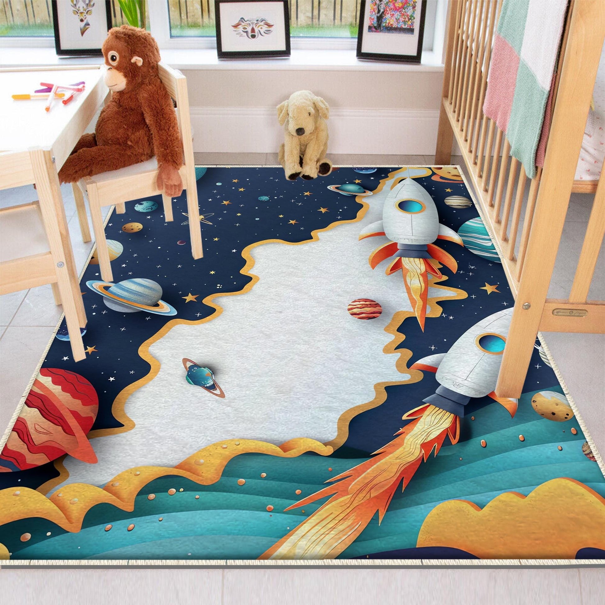 Galaxy Spaceship Planets Kids Nursery Room Rug, Washable Non-Slip Rug Gift For Kids, Baby Room Gift, Kids Room Decor with pillow case gift