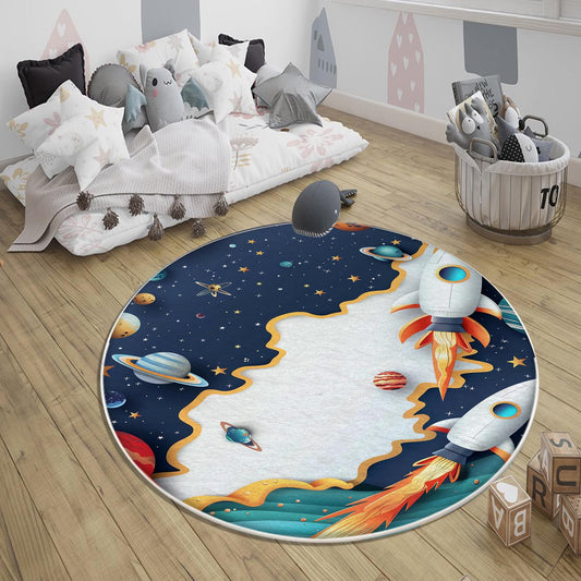 Round Galaxy Space Planets Kids Nursery Room Rug, Washable Non-Slip Rug Gift For Kids, Baby Room Gift, Kids Room Decor with pillow case gift