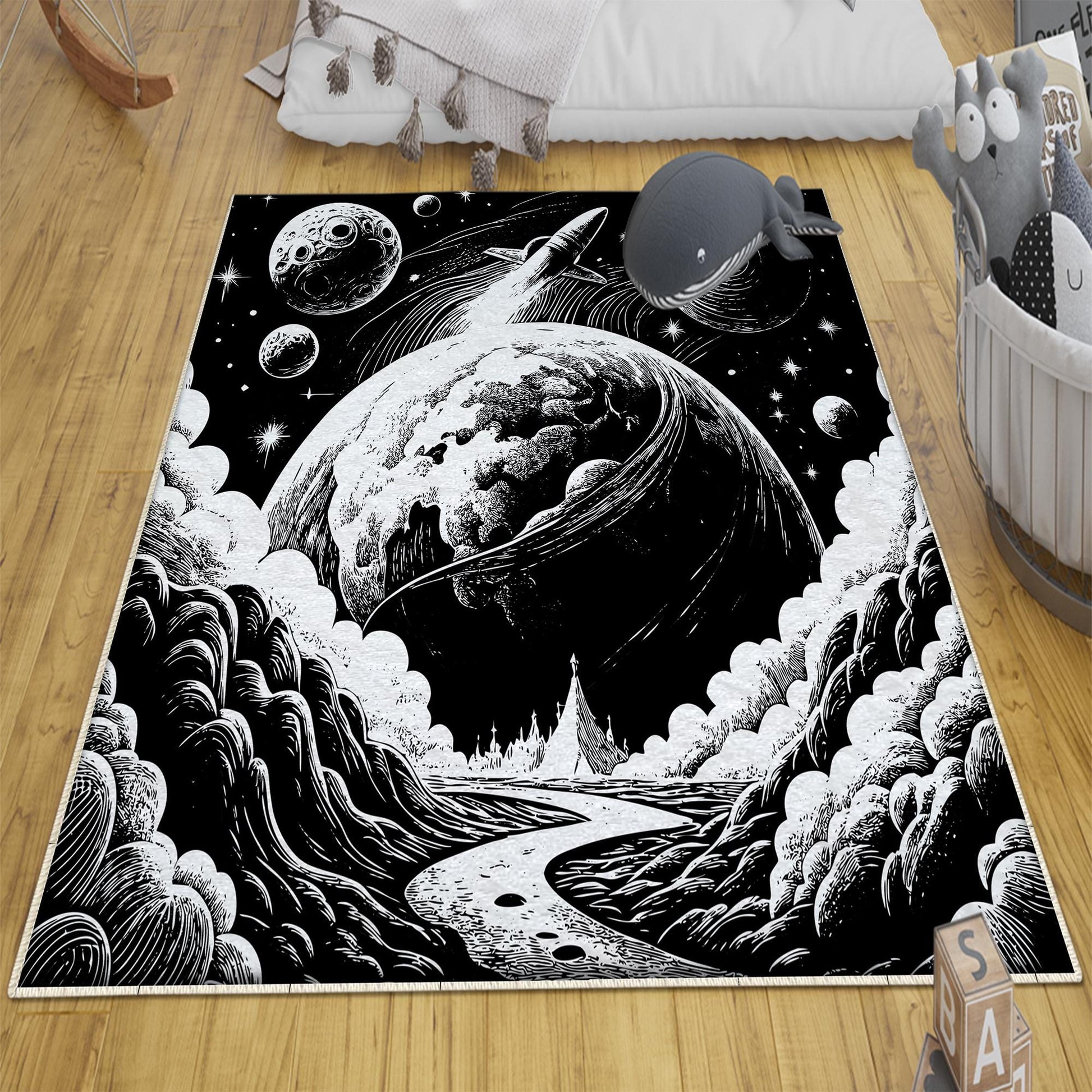 Round Black White Space Planets Moon Kids Nursery Room Rug, Washable Non-Slip Rug Gift For Kids, Baby Kids Room Decor with pillow case gift