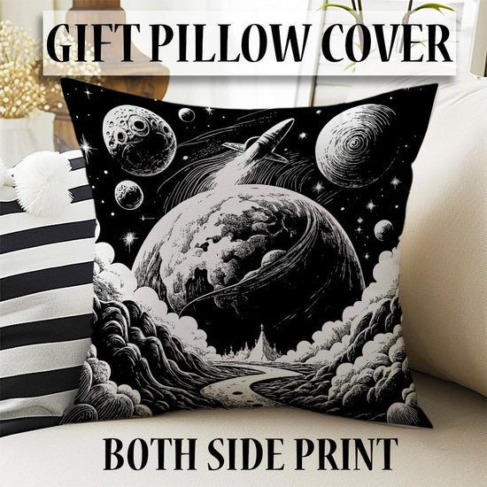 Round Black White Space Planets Moon Kids Nursery Room Rug, Washable Non-Slip Rug Gift For Kids, Baby Kids Room Decor with pillow case gift