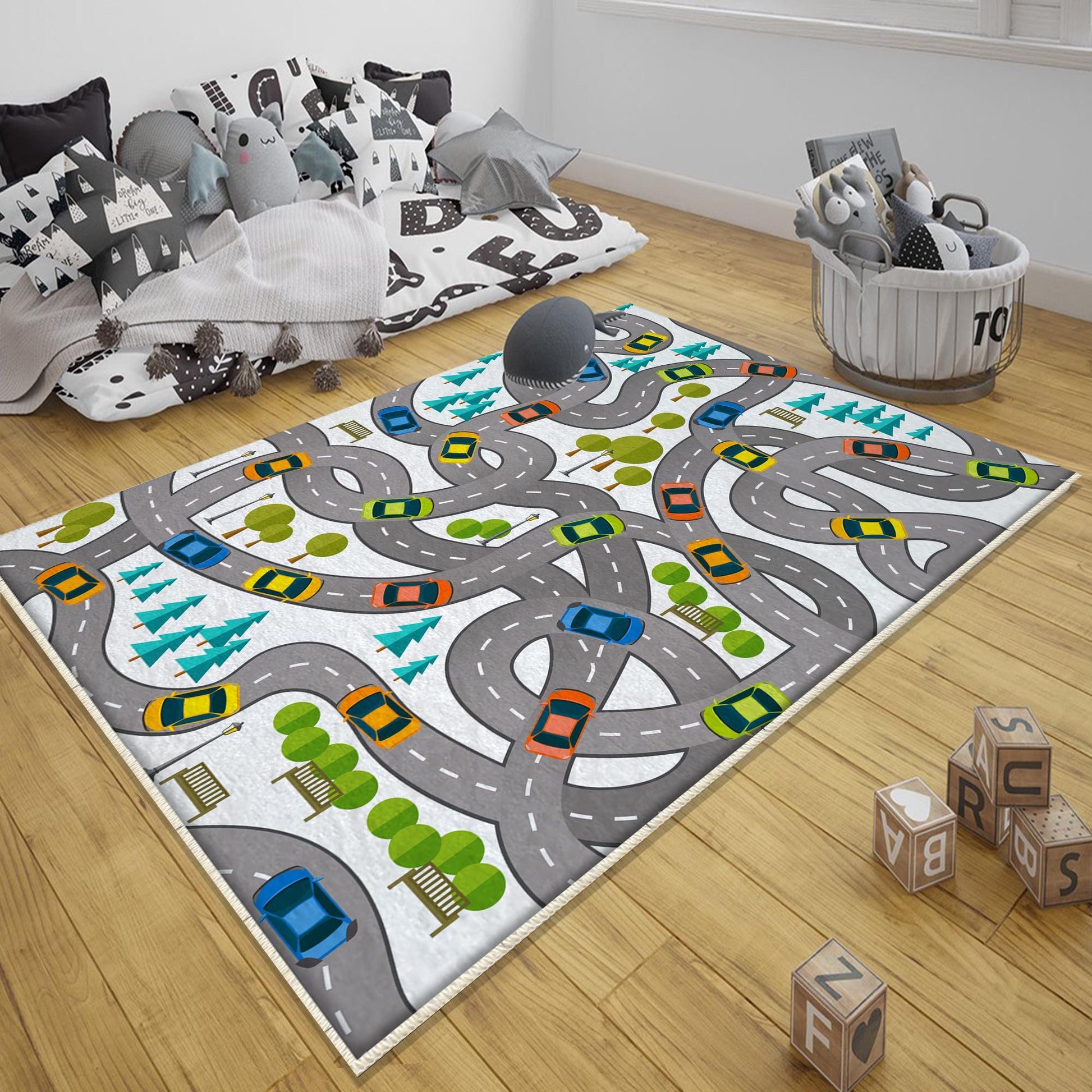 Round City Road Kids Play Mat|Car Road Nursery Rug|Traffic Activity Rug|Anti-Slip Toddler Rug|Washable Playroom Carpet with pillow case gift