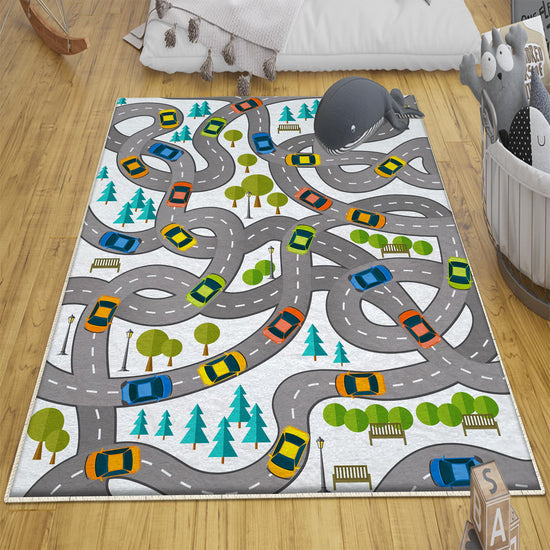 Round City Road Kids Play Mat|Car Road Nursery Rug|Traffic Activity Rug|Anti-Slip Toddler Rug|Washable Playroom Carpet with pillow case gift