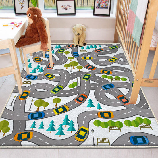 Round City Road Kids Play Mat|Car Road Nursery Rug|Traffic Activity Rug|Anti-Slip Toddler Rug|Washable Playroom Carpet with pillow case gift