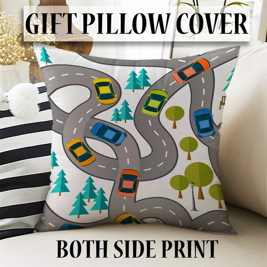 Round City Road Kids Play Mat|Car Road Nursery Rug|Traffic Activity Rug|Anti-Slip Toddler Rug|Washable Playroom Carpet with pillow case gift