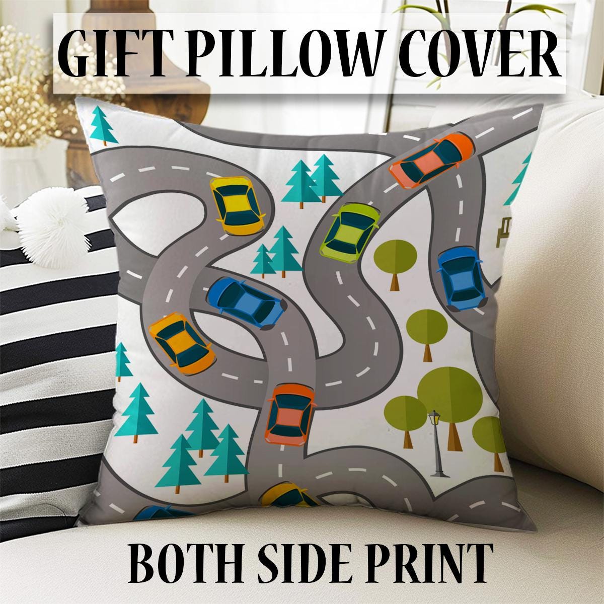 Round City Road Kids Play Mat|Car Road Nursery Rug|Traffic Activity Rug|Anti-Slip Toddler Rug|Washable Playroom Carpet with pillow case gift