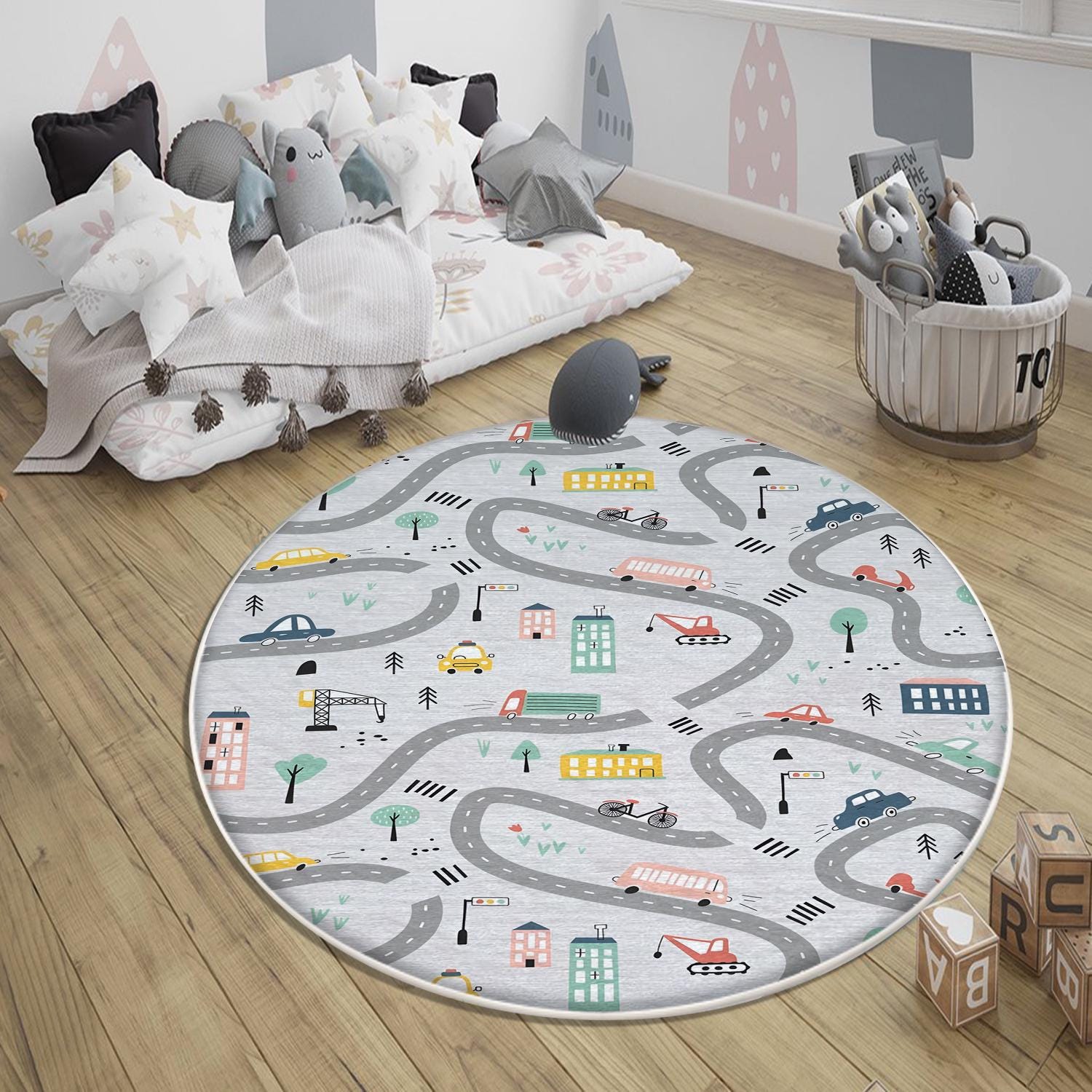 Round City Road Kids Play Mat|Car Road Nursery Rug|Traffic Activity Rug|Anti-Slip Toddler Rug|Washable Playroom Carpet with pillow case gift