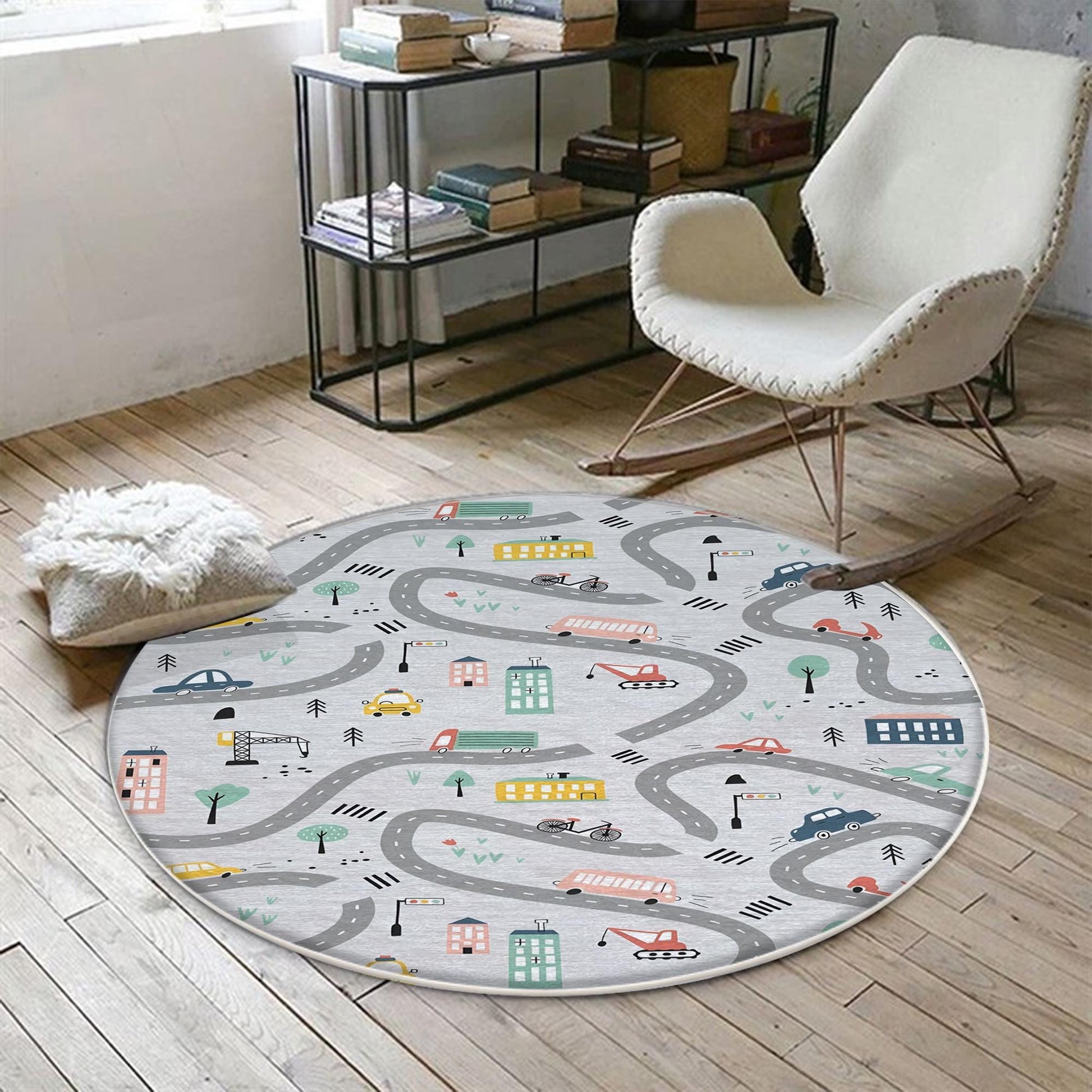 Round City Road Kids Play Mat|Car Road Nursery Rug|Traffic Activity Rug|Anti-Slip Toddler Rug|Washable Playroom Carpet with pillow case gift