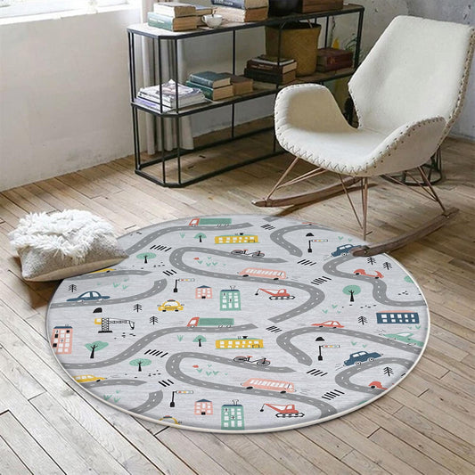 Round City Road Kids Play Mat|Car Road Nursery Rug|Traffic Activity Rug|Anti-Slip Toddler Rug|Washable Playroom Carpet with pillow case gift