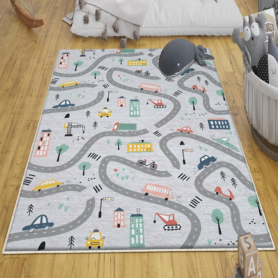 Round City Road Kids Play Mat|Car Road Nursery Rug|Traffic Activity Rug|Anti-Slip Toddler Rug|Washable Playroom Carpet with pillow case gift