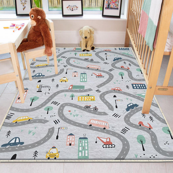 Round City Road Kids Play Mat|Car Road Nursery Rug|Traffic Activity Rug|Anti-Slip Toddler Rug|Washable Playroom Carpet with pillow case gift