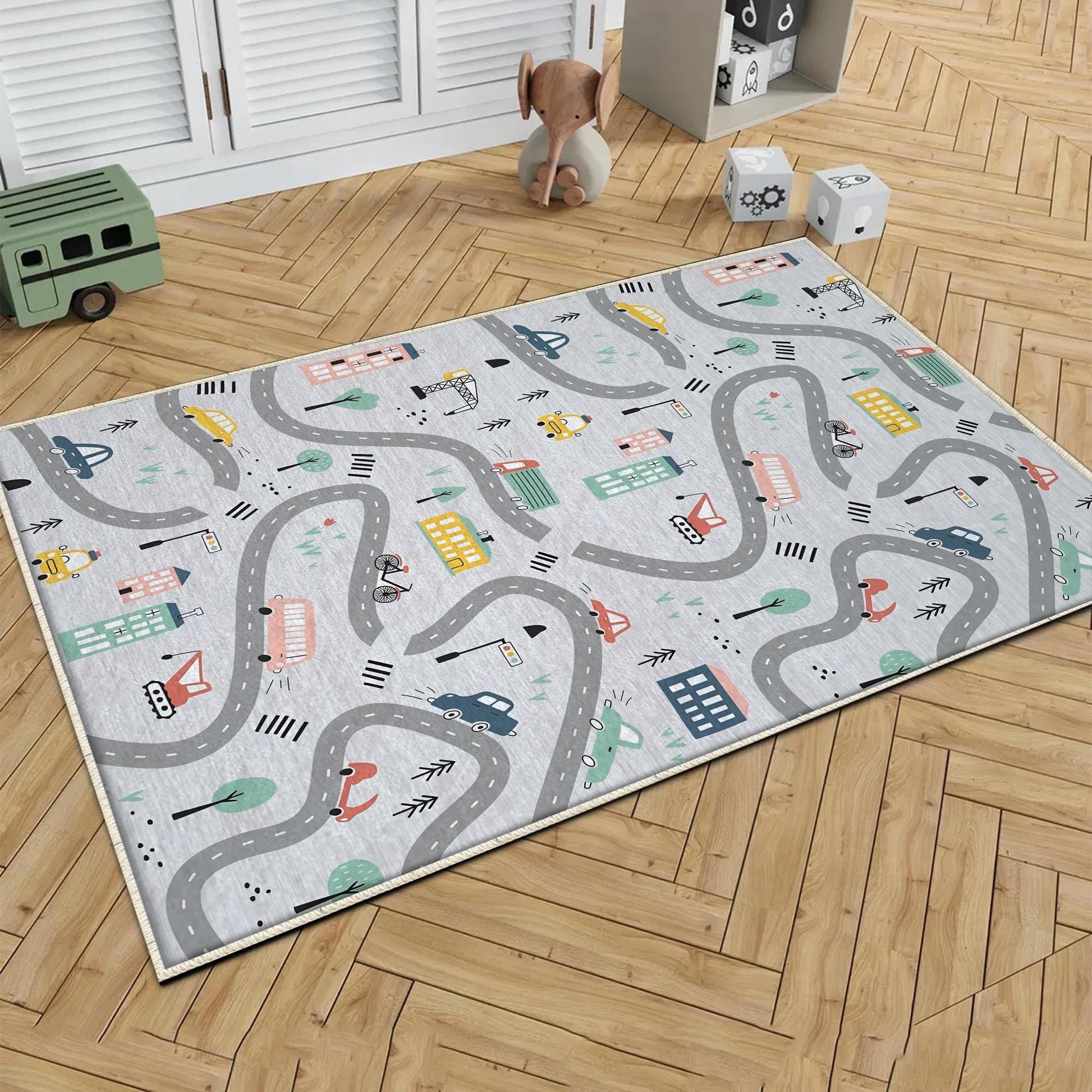 Round City Road Kids Play Mat|Car Road Nursery Rug|Traffic Activity Rug|Anti-Slip Toddler Rug|Washable Playroom Carpet with pillow case gift
