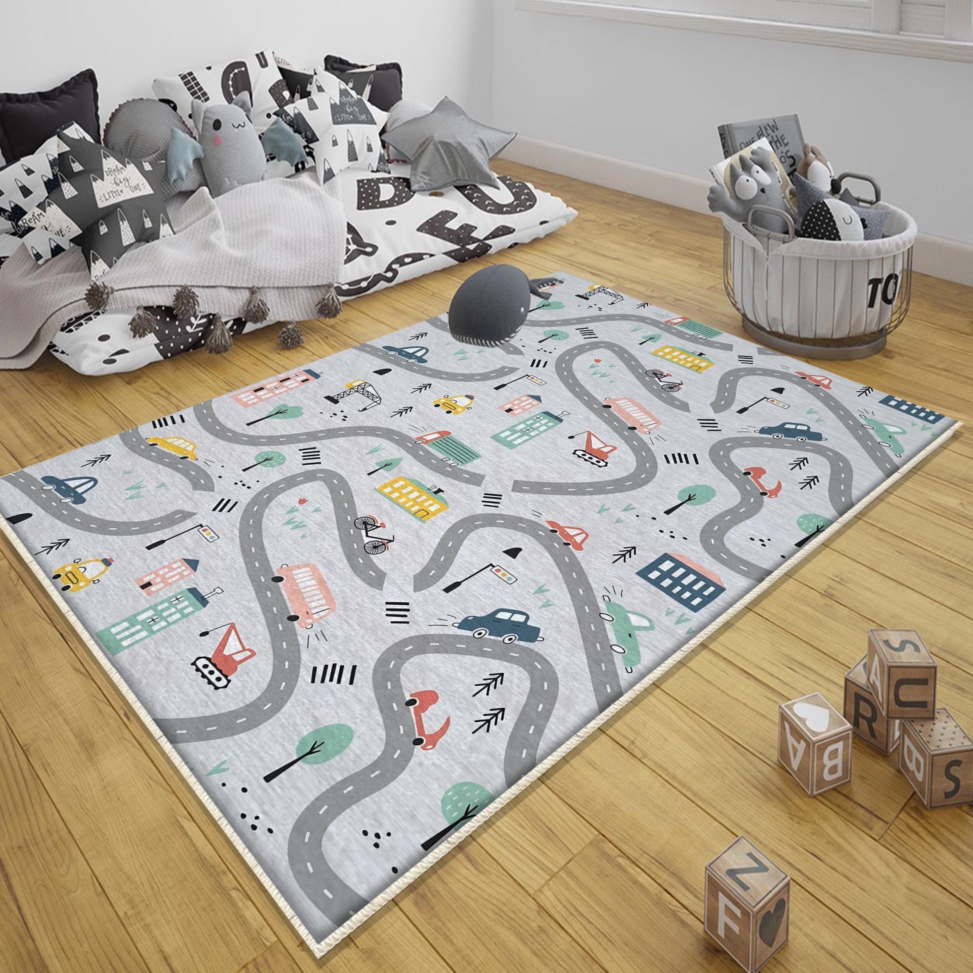 Round City Road Kids Play Mat|Car Road Nursery Rug|Traffic Activity Rug|Anti-Slip Toddler Rug|Washable Playroom Carpet with pillow case gift