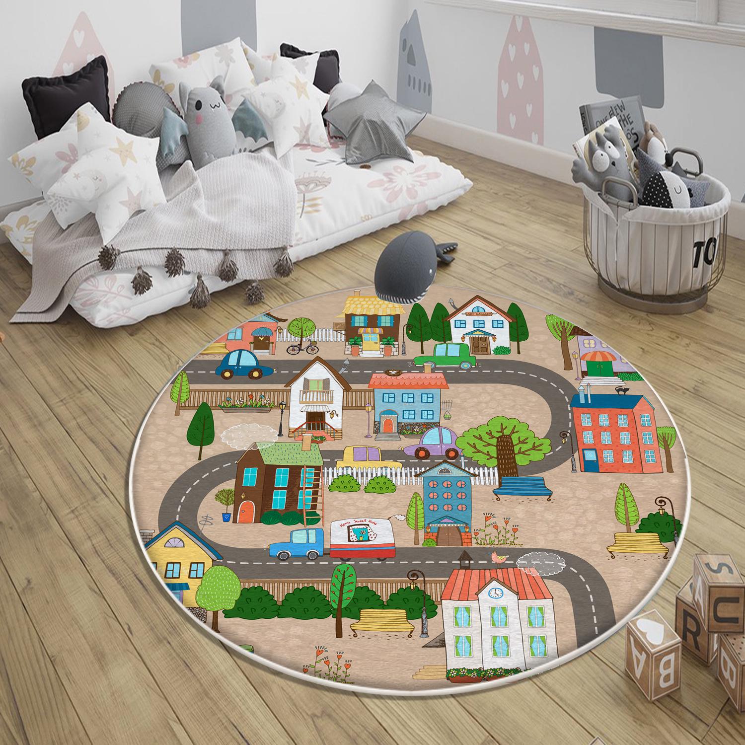 City Road Kids Play Mat, Car Road Nursery Rug, Traffic Activity Rug, Anti-Slip Toddler Rug, Washable Playroom Carpet with pillow case gift