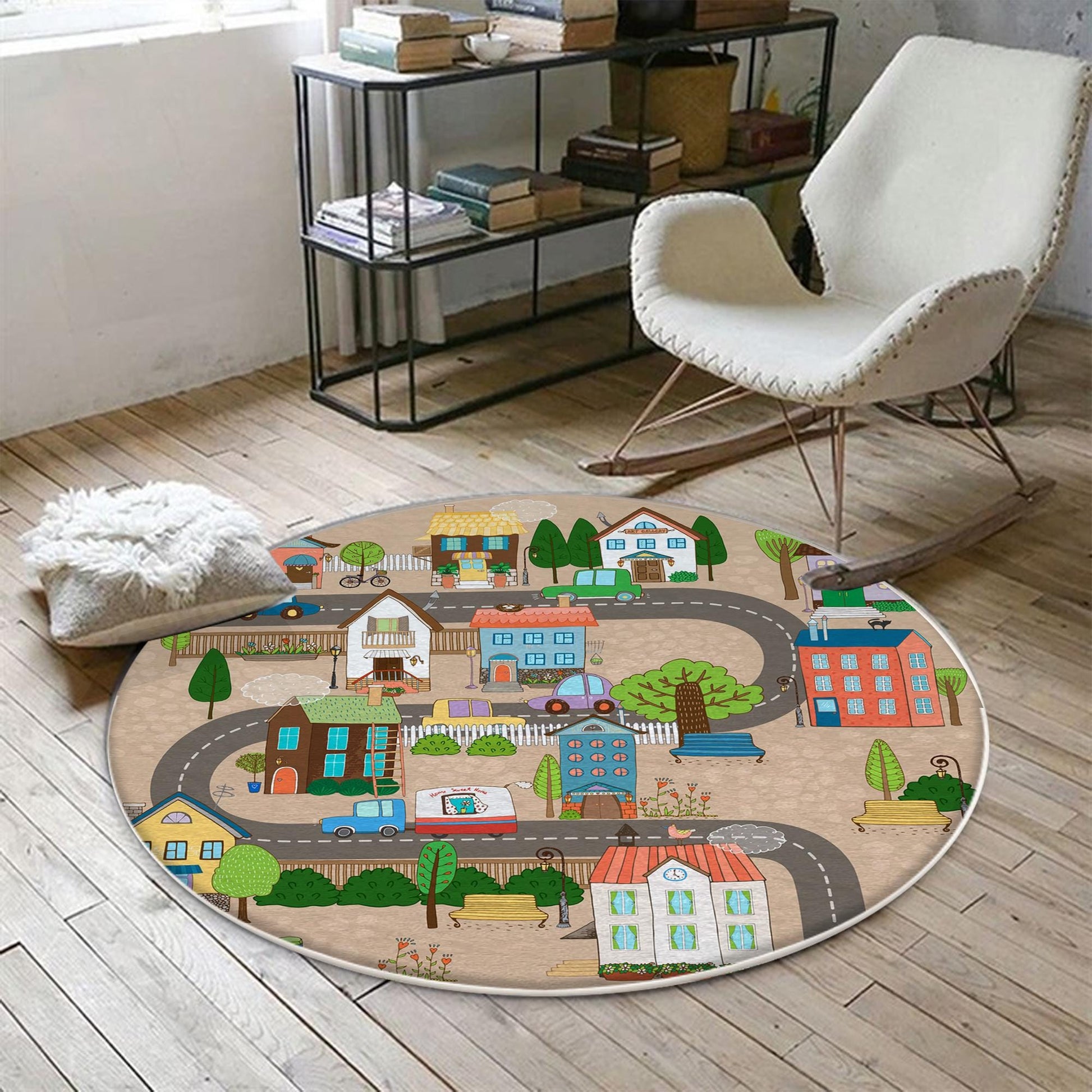 Round City Road Kids Play Mat|Car Road Nursery Rug|Traffic Activity Rug|Anti-Slip Toddler Rug|Washable Playroom Carpet with pillow case gift