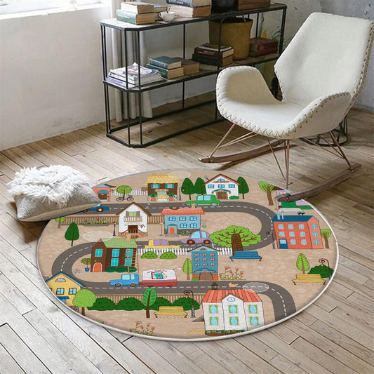 Round City Road Kids Play Mat|Car Road Nursery Rug|Traffic Activity Rug|Anti-Slip Toddler Rug|Washable Playroom Carpet with pillow case gift