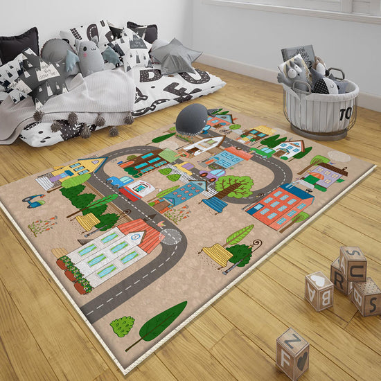 Round City Road Kids Play Mat|Car Road Nursery Rug|Traffic Activity Rug|Anti-Slip Toddler Rug|Washable Playroom Carpet with pillow case gift