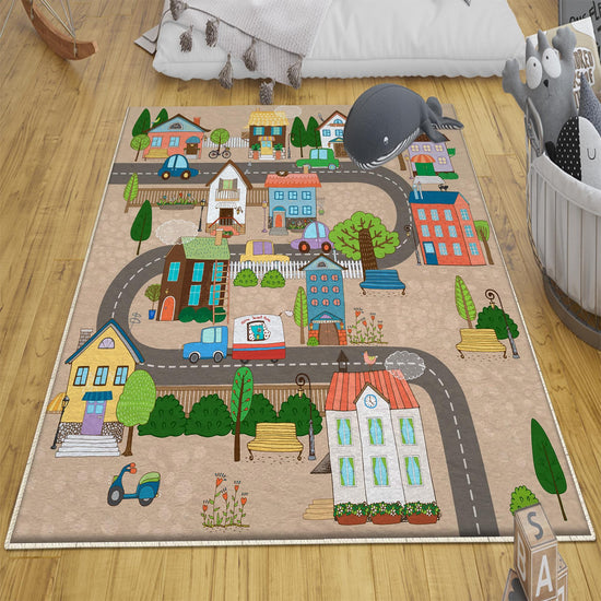 Round City Road Kids Play Mat|Car Road Nursery Rug|Traffic Activity Rug|Anti-Slip Toddler Rug|Washable Playroom Carpet with pillow case gift