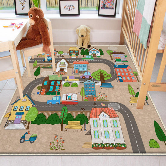 Round City Road Kids Play Mat|Car Road Nursery Rug|Traffic Activity Rug|Anti-Slip Toddler Rug|Washable Playroom Carpet with pillow case gift