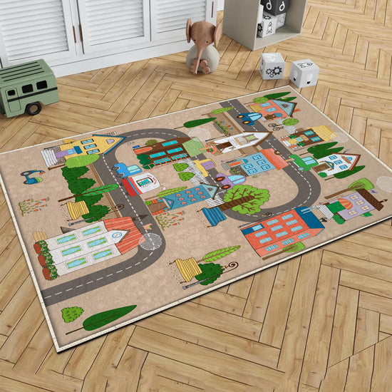 Round City Road Kids Play Mat|Car Road Nursery Rug|Traffic Activity Rug|Anti-Slip Toddler Rug|Washable Playroom Carpet with pillow case gift