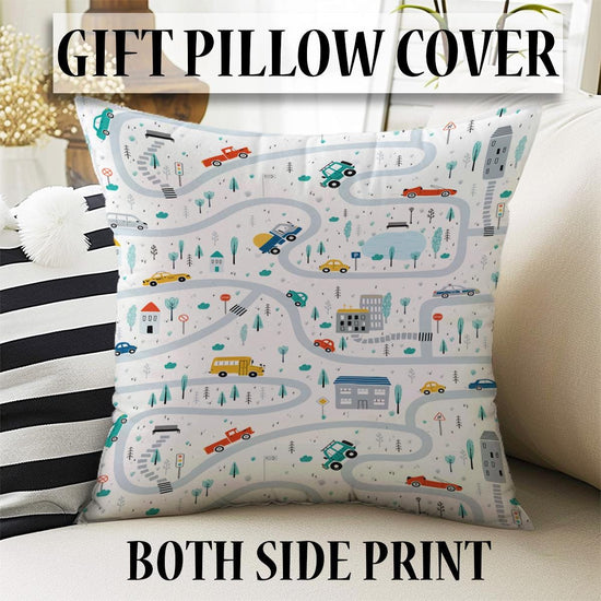 Play Mat for Kids | City Road Traffic Rug, Anti-Slip Toddler Carpet, Washable Nursery Playroom Rug with Pillow Case Gift
