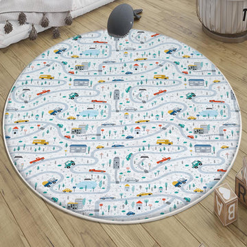 Round City Road Kids Play Mat|Car Road Nursery Rug|Traffic Activity Rug|Anti-Slip Toddler Rug|Washable Playroom Carpet with pillow case gift