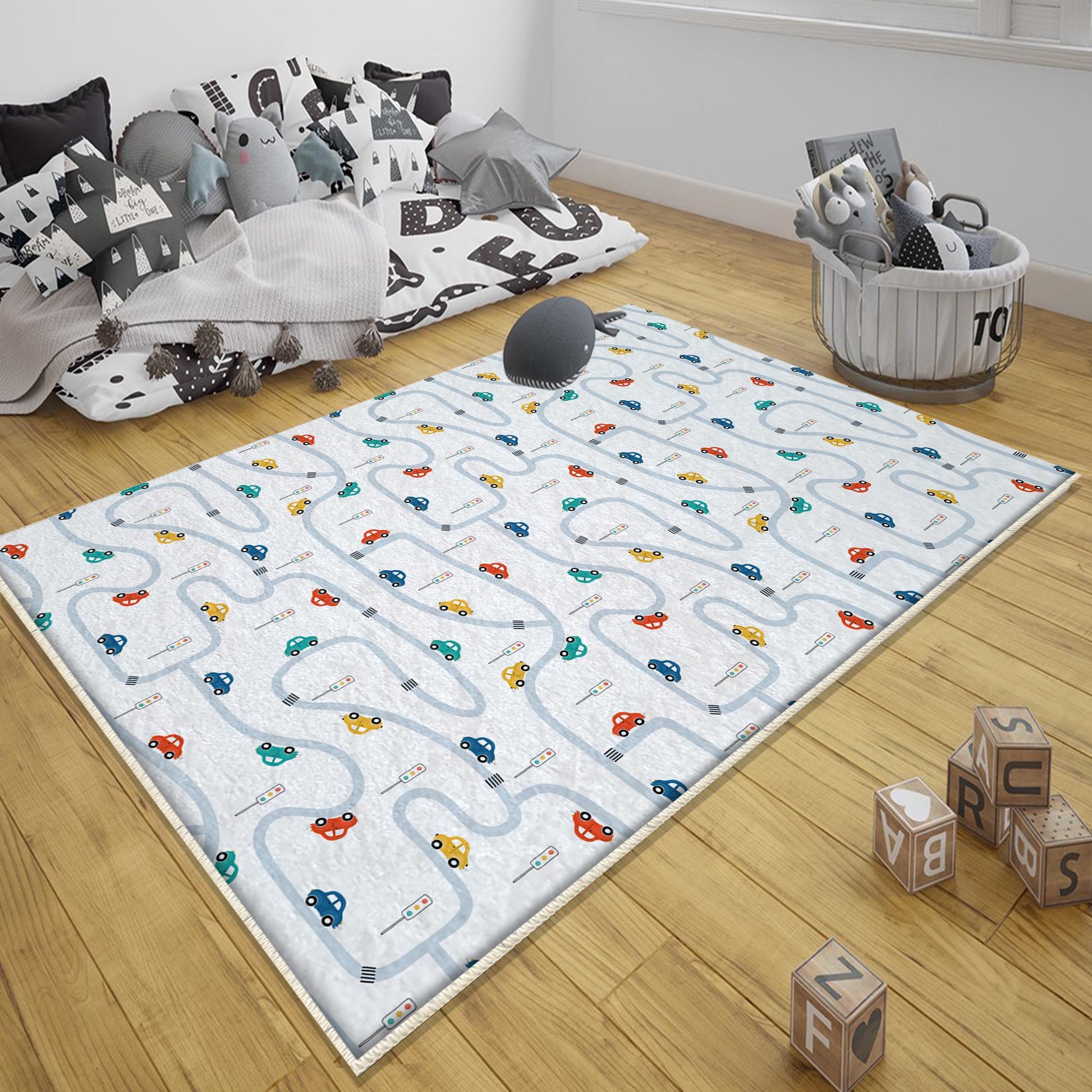Play Mat for Kids - Round City Road Traffic Rug, Anti-Slip Toddler Nursery Carpet, Washable Playroom Rug with Pillowcase Gift