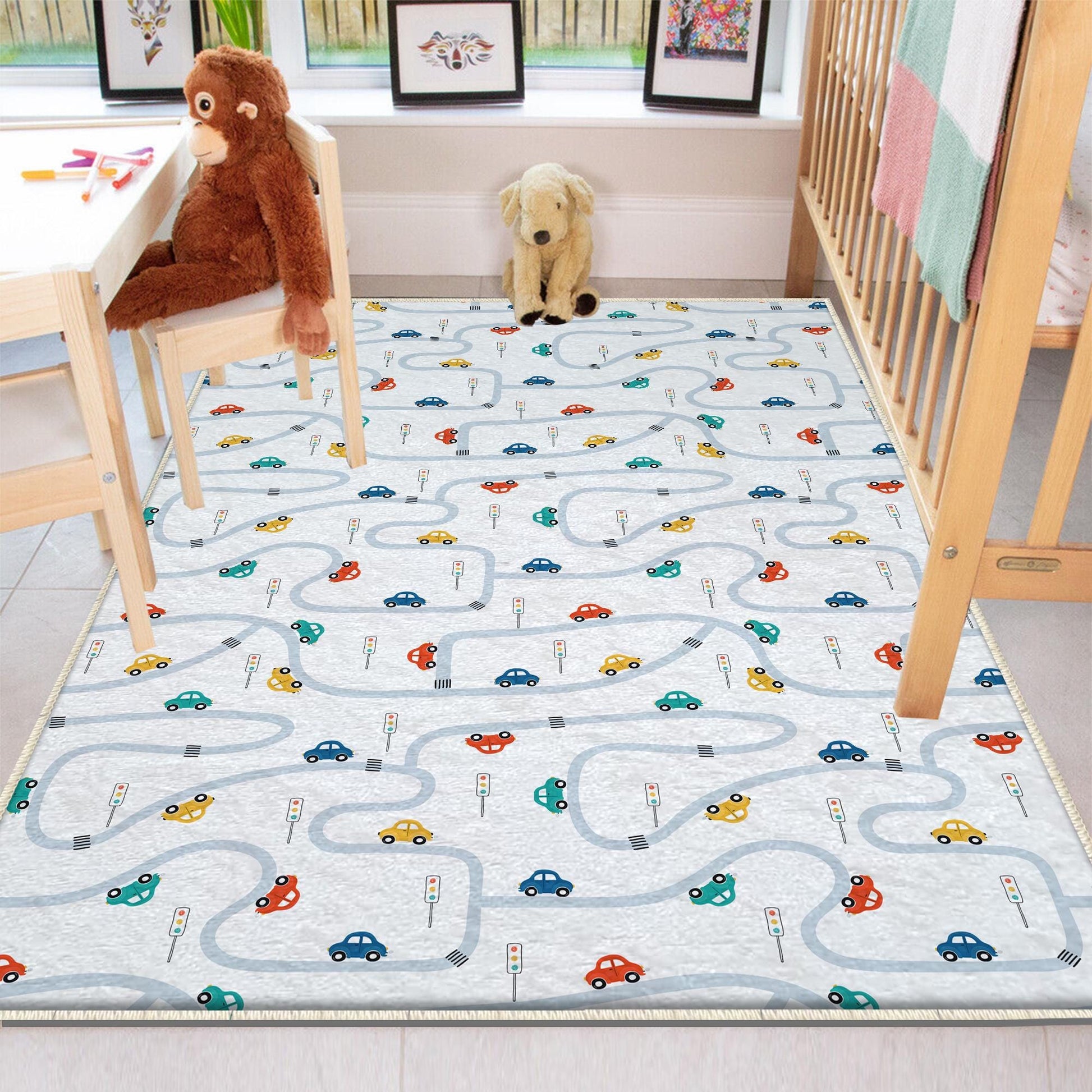 Play Mat for Kids - Round City Road Traffic Rug, Anti-Slip Toddler Nursery Carpet, Washable Playroom Rug with Pillowcase Gift