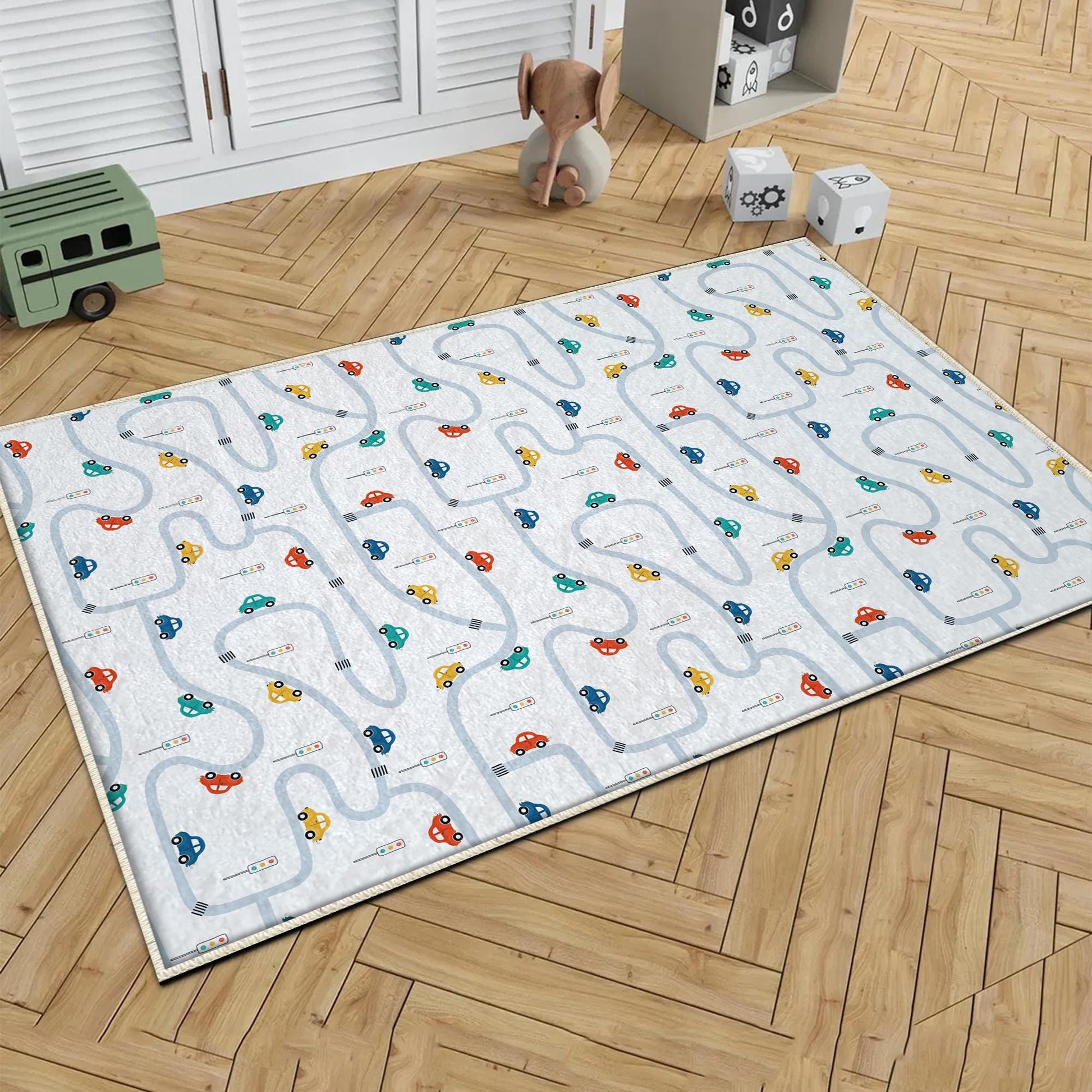 Play Mat for Kids - Round City Road Traffic Rug, Anti-Slip Toddler Nursery Carpet, Washable Playroom Rug with Pillowcase Gift