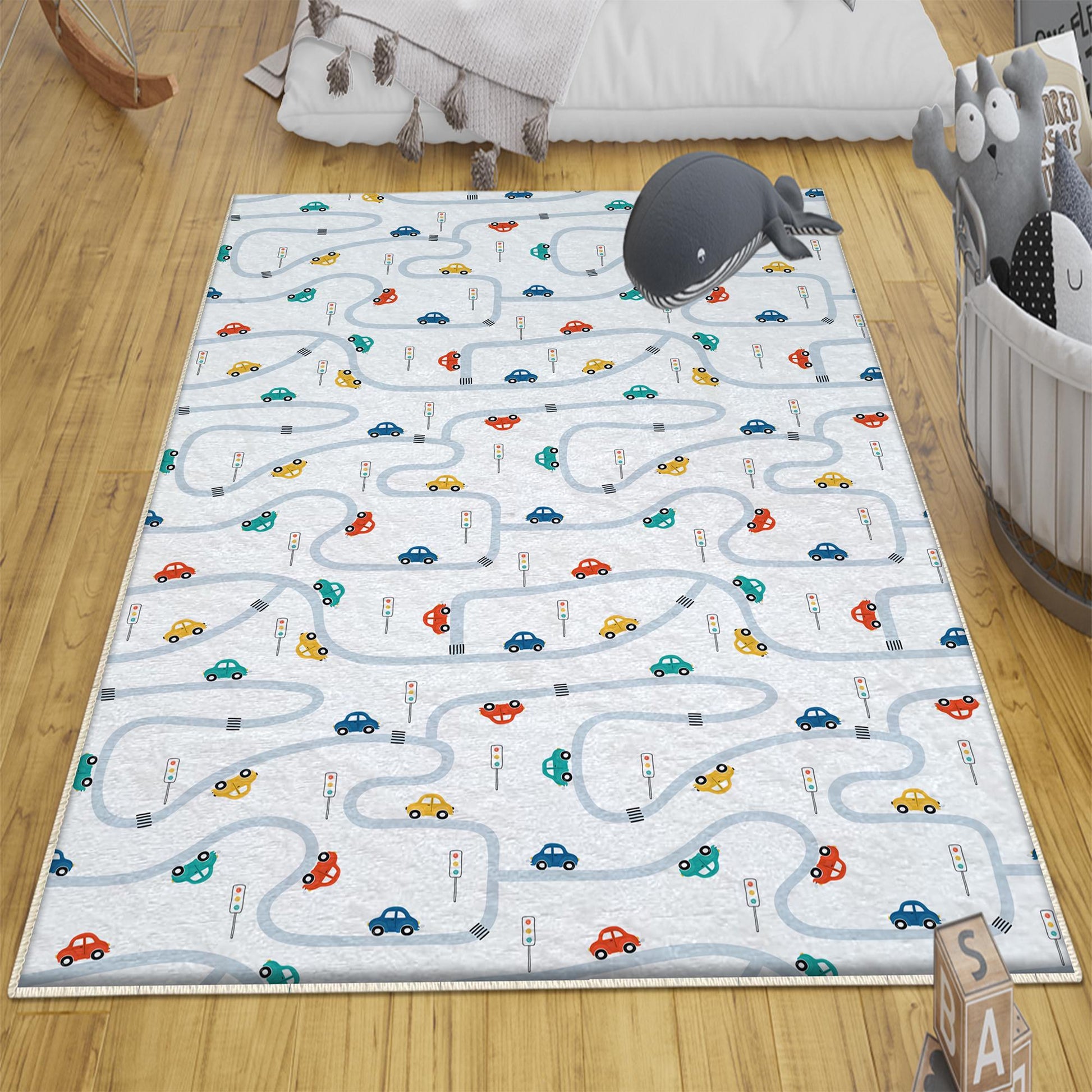 Play Mat for Kids - Round City Road Traffic Rug, Anti-Slip Toddler Nursery Carpet, Washable Playroom Rug with Pillowcase Gift