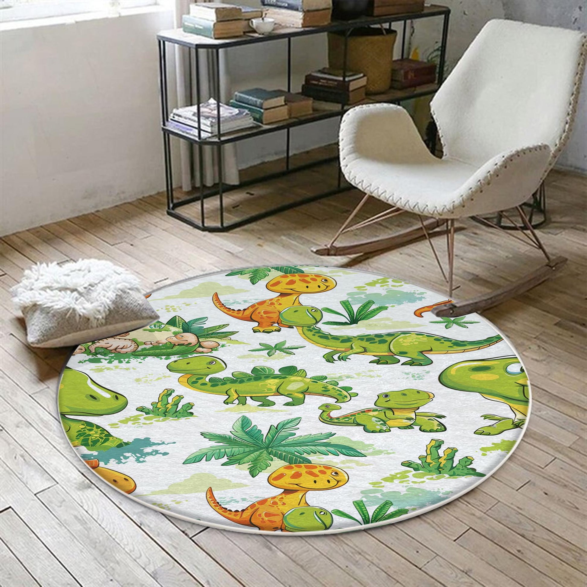 Round Dinosaurs Themed Nursery Room Rug, Washable Non-Slip Jurassic Rug Gift For Kids, Baby Room Gift, Kids Room Decor with pillow case gift