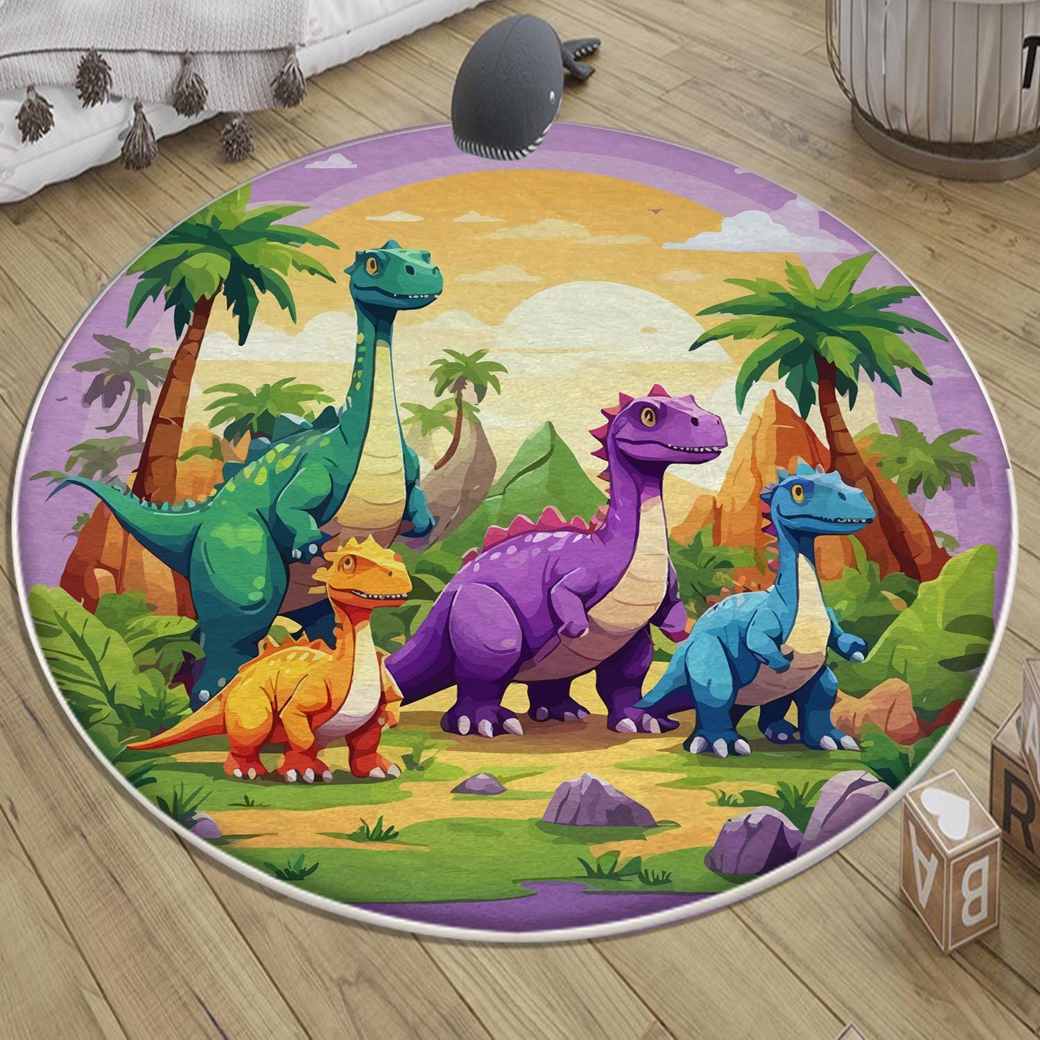 Round Dinosaurs Themed Nursery Room Rug, Washable Non-Slip Jurassic Rug Gift For Kids, Baby Room Gift, Kids Room Decor with pillow case gift