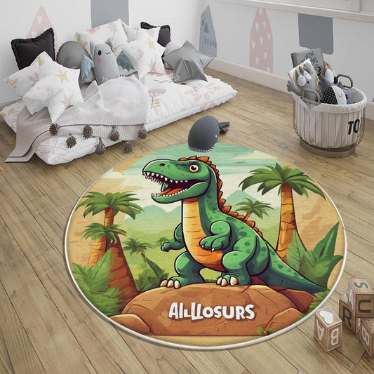 Round Dinosaurs Themed Nursery Room Rug, Washable Non-Slip Jurassic Rug Gift For Kids, Baby Room Gift, Kids Room Decor with pillow case gift