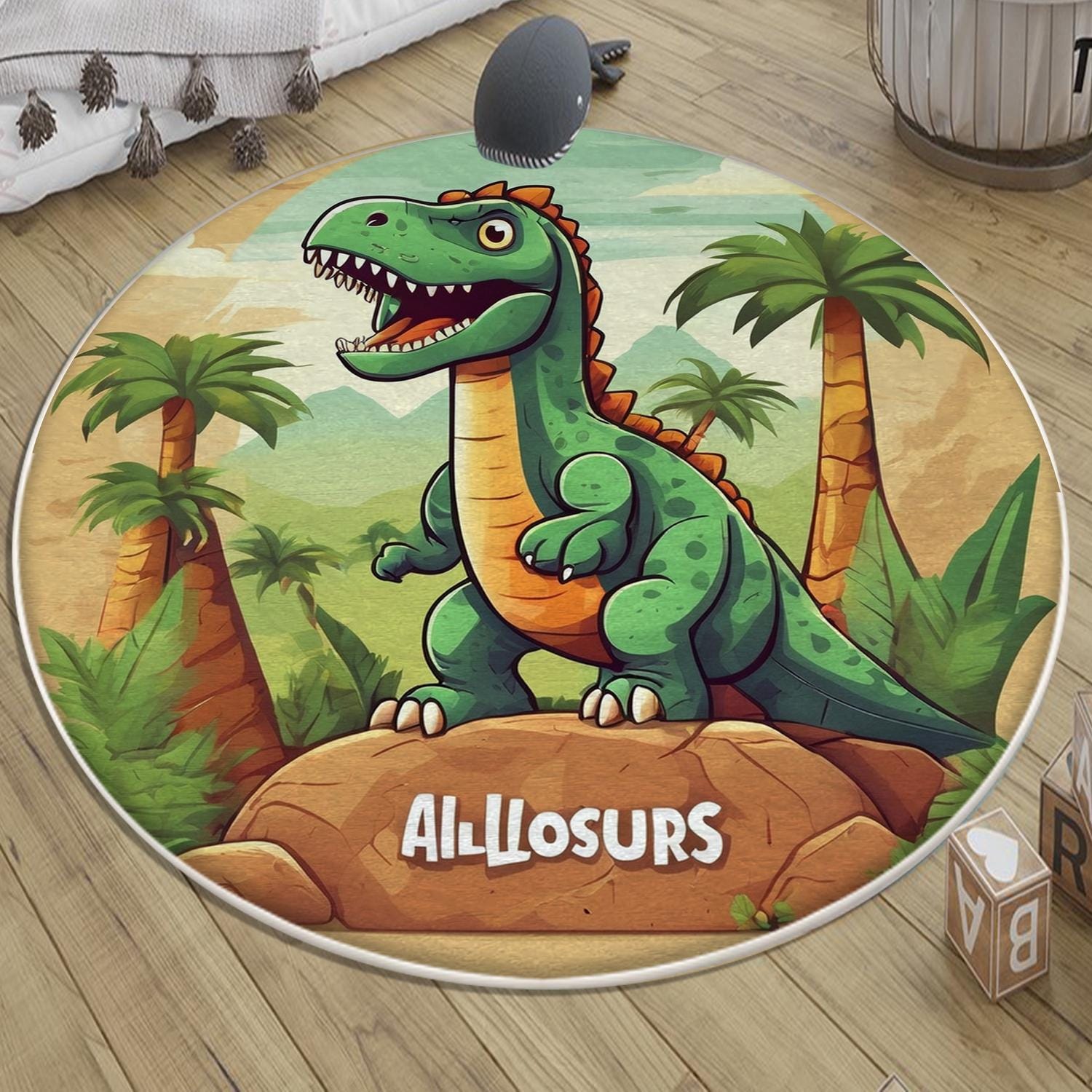 Round Dinosaurs Themed Nursery Room Rug, Washable Non-Slip Jurassic Rug Gift For Kids, Baby Room Gift, Kids Room Decor with pillow case gift