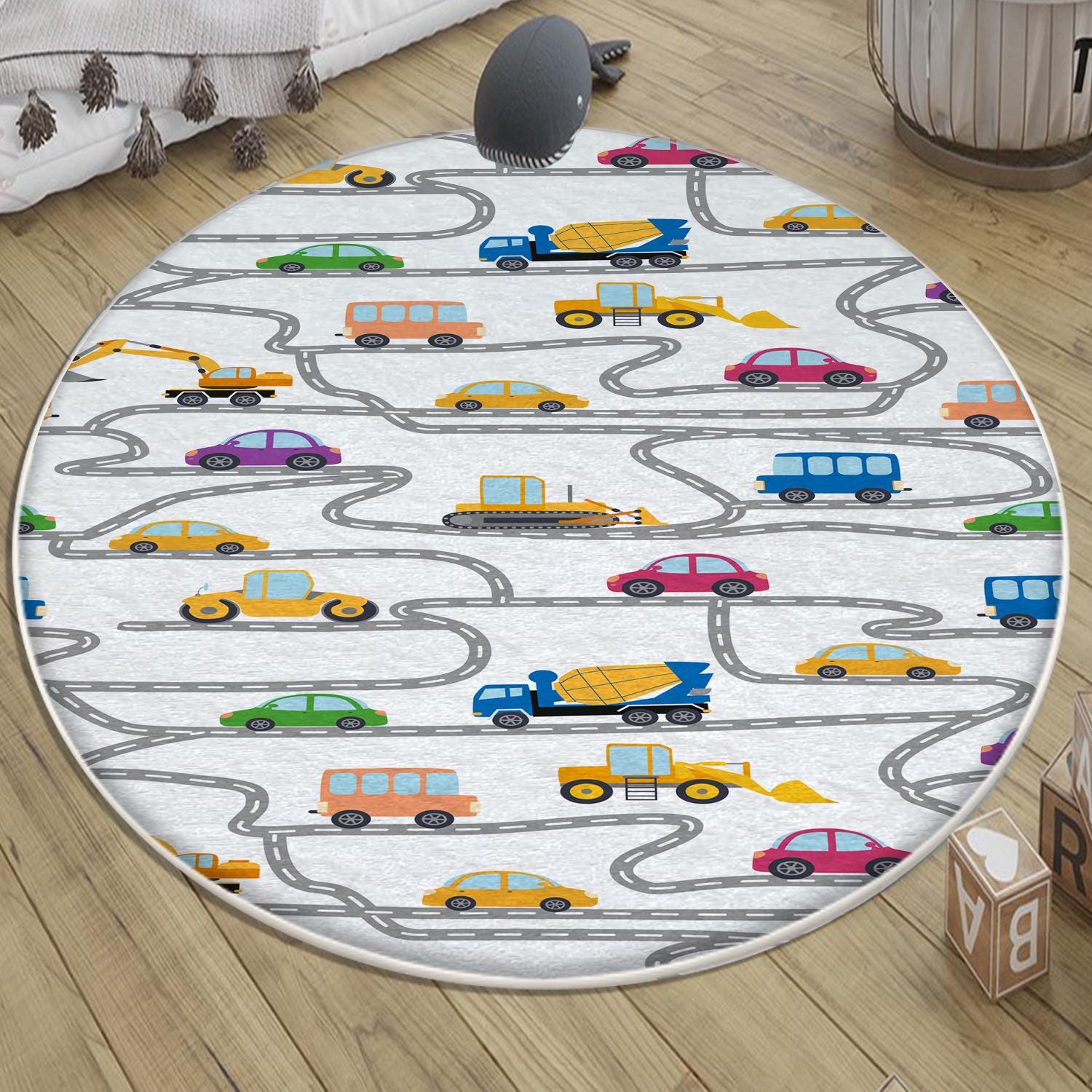Road Construction Vehicles Kids Room Rug-Crane Bulldozer Excavator Mat-Heavy Equipment Playmat-Nursery Carpet for Boys with pillow case gift