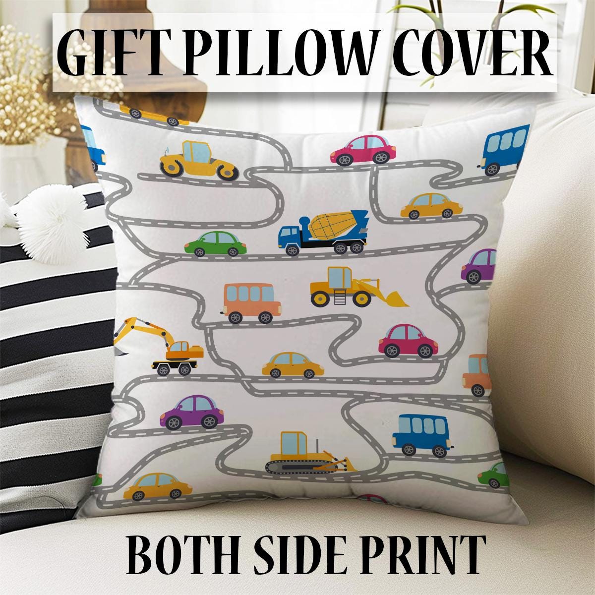 Round Road Construction Vehicles Kids Room Rug-Crane Bulldozer Excavator Mat-Heavy Equipment Playmat-Nursery Carpet with pillow case gift